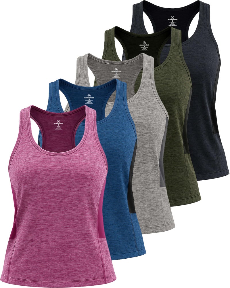 REALESSENTIALS 5 Pack: Womens Quick Dry Fit Ladies Tops Blouse Tee Athletic Yoga Workout Running Gym Active Tees Exercise Women Racerback Sleeveless Flowy Fitness Loose Fit Moisture Wicking Tank Top - Set 3,XL - Image 1
